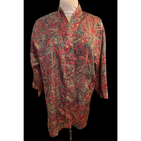 Victoria's Secret Satin Robe Red/Green/Gold Paisley One Size Vintage Kimono - Picture 4 of 10